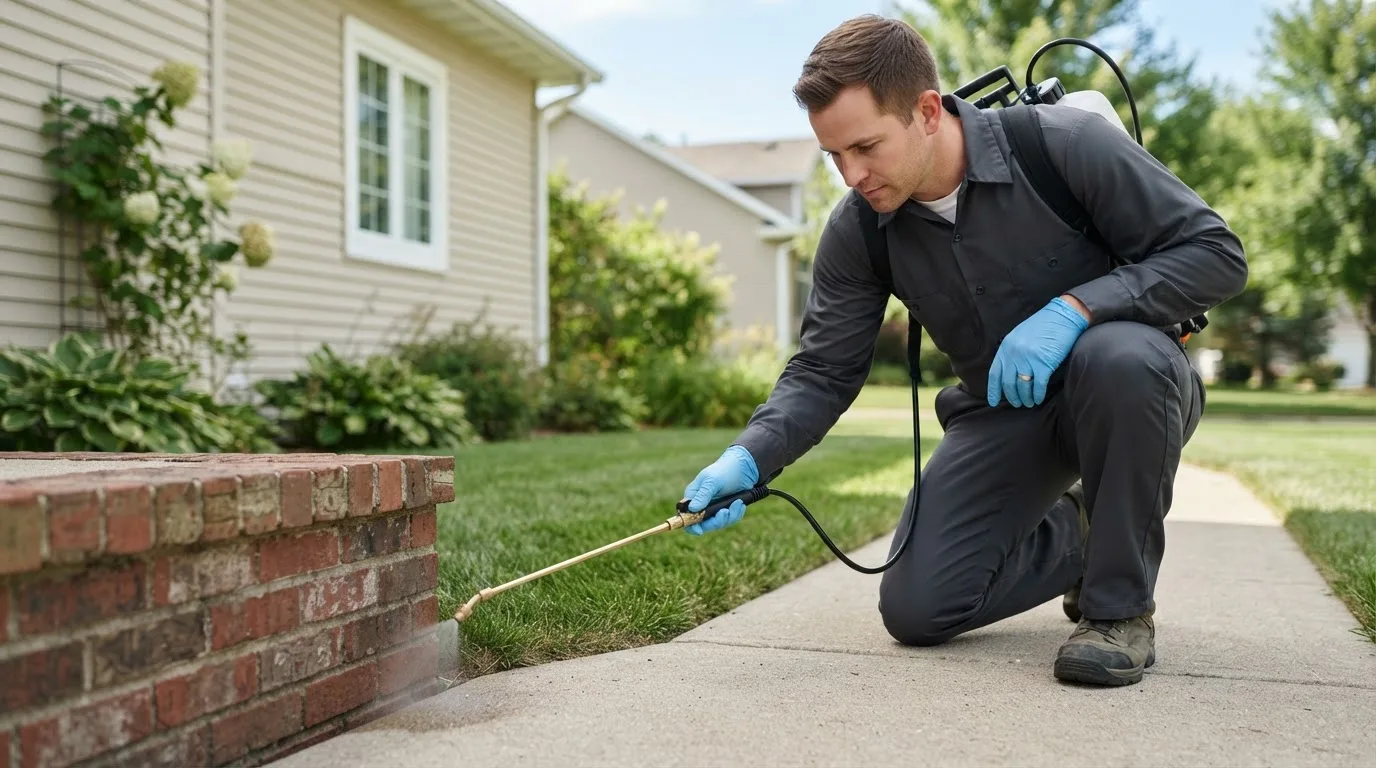 Pest control technician treating a home near Livermore Falls, ME